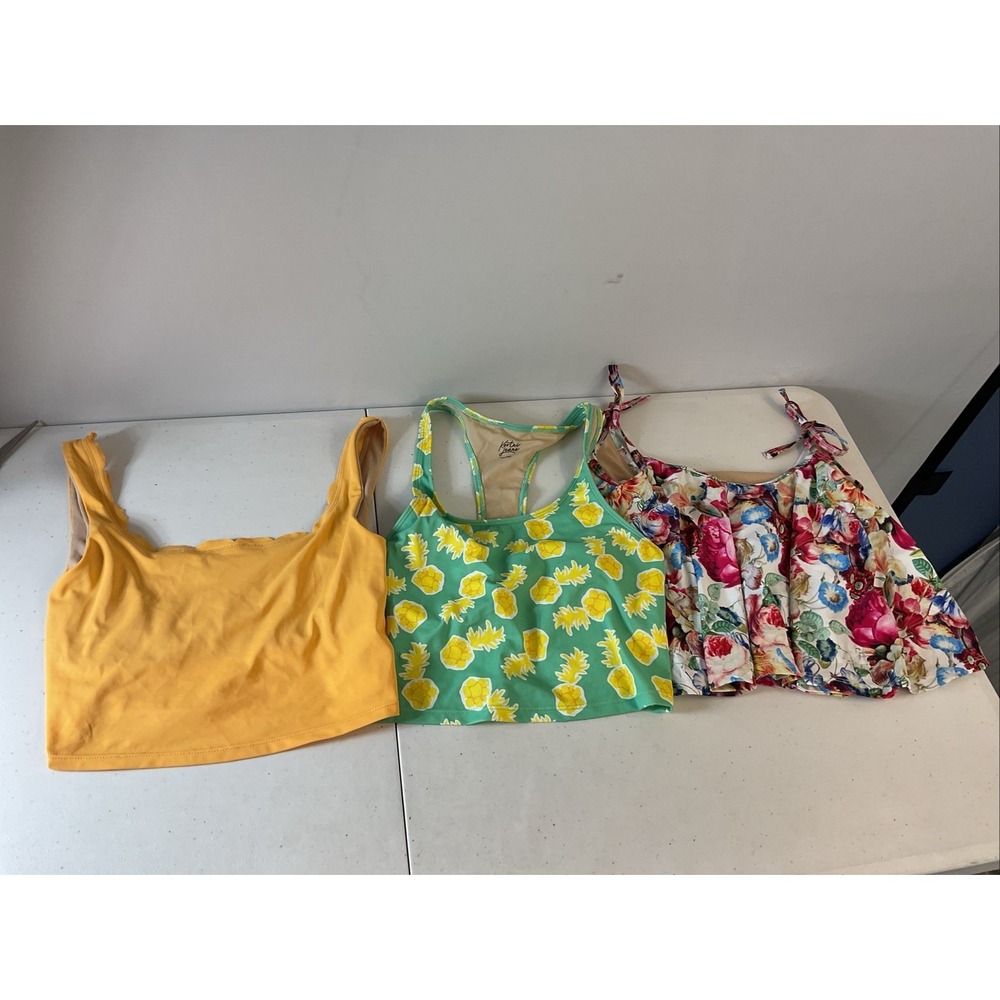 3‎ Kortni Jean swimsuit tops Size SM floral flounced Orange, colorful Green